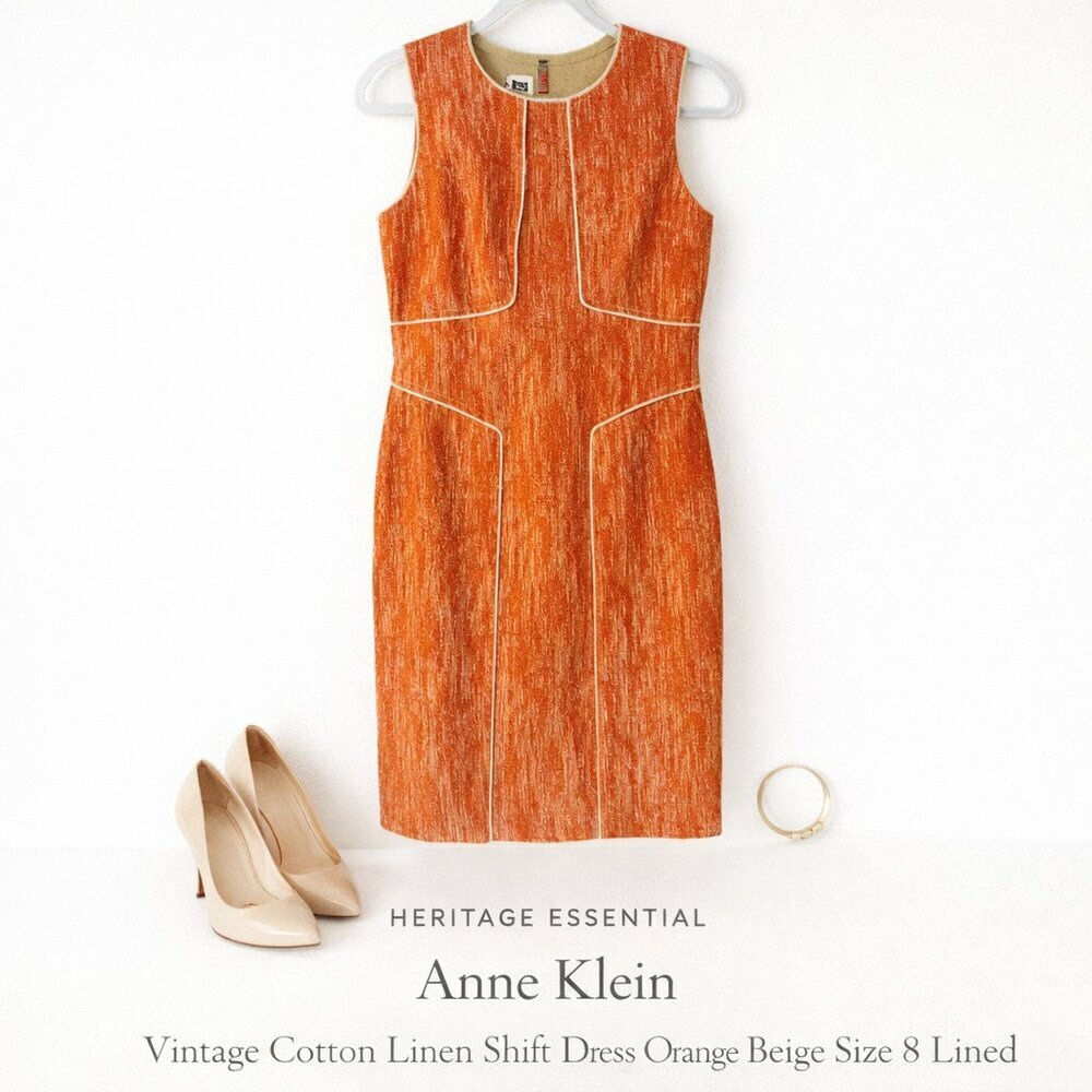 Vintage Anne Klein Cotton Linen Shift Dress Orange Beige Sz 8 Lined